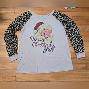 Womens Merry Christmas Y'all Santa Shirt with Leopard Raglan Sleeves